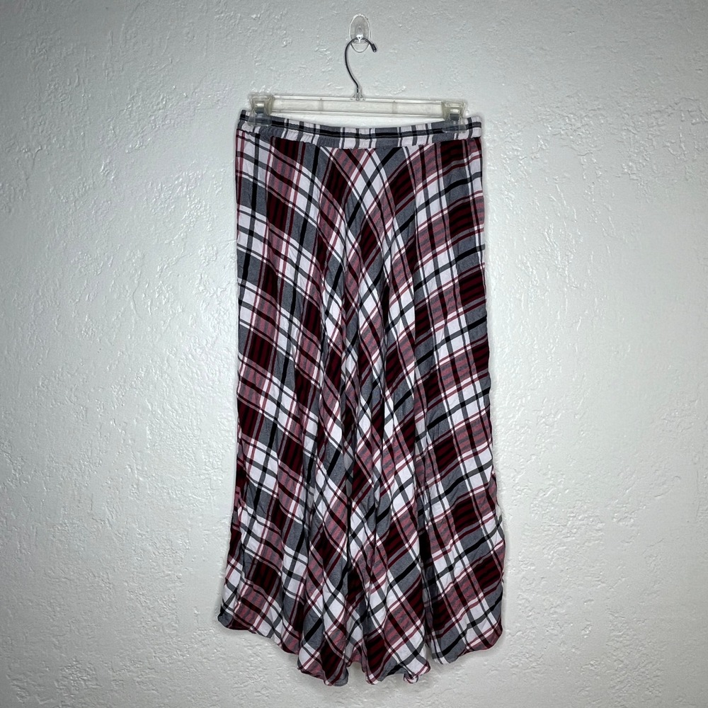 Chaps Red Black Plaid Midi Skirt‎ Womens Medium Viscose Elastic Waist Flared